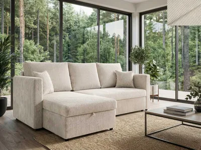 Obrázek produktu pro Rohová pohovka PISA Nordelo 146×220×90 cm univerzální L/R, rozkládací, spací funkce 140×200, úložný prostor, potah Apollo Cord 100 SVĚTLÁ BÉŽOVÁ