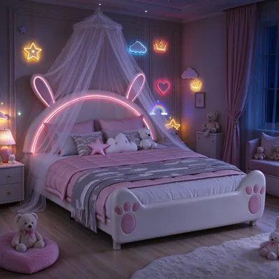 Immagine prodotto di Letto singolo per bambini INONEFT, 140x200 cm, con illuminazione LED, letto imbottito per bambine con rete a doghe, design con conigli, senza materasso, in velluto, colore bianco