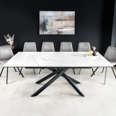 Produktbild von riess-ambiente Ausziehbarer Design Esstisch ALPINE 160-200cm weiß Keramik Marmor schwarz Metall Esszimmertisch Konferenztisch Tisch