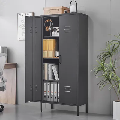 Image de Armoire en acier noire verrouillable à 2 portes Armoire métallique avec étagères réglables Armoire universelle haute pour bureau à domicile, garage et buanderie
