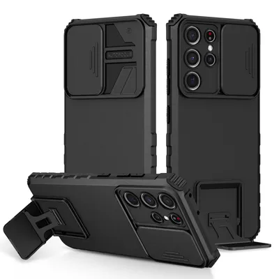 Immagine prodotto di Custodia per Samsung Galaxy S21 Ultra 5G a doppio strato, robusta e con protezione militare, con kickstand e protezione scorrevole per la fotocamera, nero