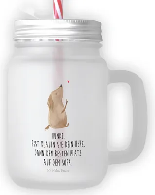 Produktbild von Mr. & Mrs. Panda Glas Hund Liebe - Transparent - Geschenk, Sprüche, Trinkglas mit Deckel, Eiskaffee, Strohhalm, Mason Jar, Hunde, Herz, Cocktailglas