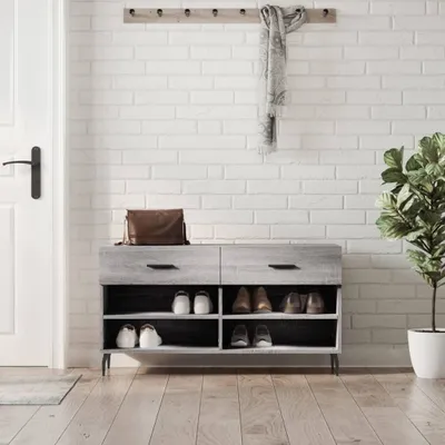 Zdjęcie produktu dla vidaXL Ławka na buty szara Sonoma 102x35x55 cm Materiał drewnopochodny - Ławka na buty - Ławki na buty - Ławka z miejscem do przechowywania - Stojak na buty