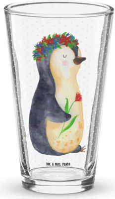 Produktbild von Mr. & Mrs. Panda Glas Pinguin Blumen - Transparent - Geschenk, Universum, Wunderschön, Wünsche, Geschenkidee, Cocktailglas, Bierglas, Blumenliebe, Tumbler, Trinkglas