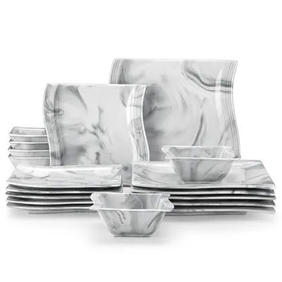 Image de MALACASA, FLORA, ensemble de vaisselle en porcelaine, 18 pièces, service de table comprenant : assiettes plates, assiettes à dessert, bols pour 6 personnes, couleur gris marbré