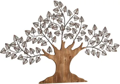 A decorative tree wall hanging made of wood and metal.