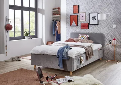 Produktbild von Meise Möbel Jugendbett Cosy 140x200 cm | Bettgestell | USB | 4 Betttaschen | Strukturstoff Grau | Holzfuß eichefarbig