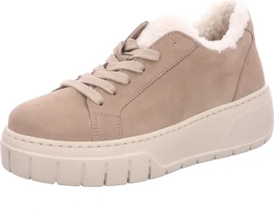 A single beige sneaker with a cream-colored sole and white fluffy lining is shown against a white background.