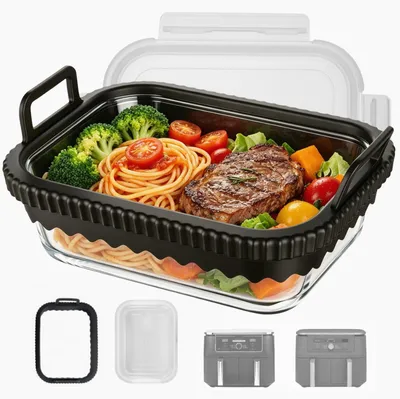 Zdjęcie produktu dla Forma do zapiekania szklana, przeznaczona do frytkownic bezolejowych, pojemność 2,7 litra, z pokrywką