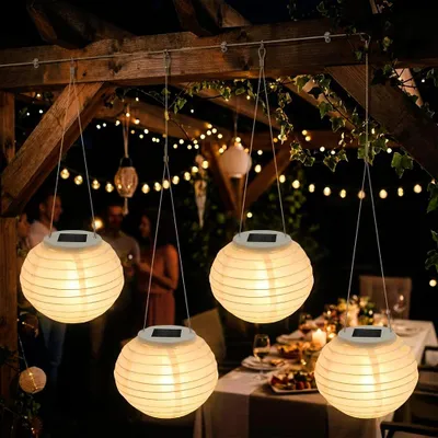 Produktbild von LED Solar Lampion rund 12 cm aus Nylon - 4er Set - Garten Deko Beleuchtung warm weiß - Solarleuchte Laterne Leuchtkugel)