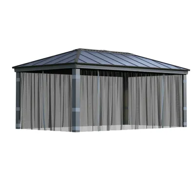 A gray gazebo with sheer curtains.
