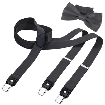 Produktbild von DonDon Herren Y-förmiger schmaler 2,5 cm Hosenträger elastisch und verstellbar im 2er Set mit farblich passender Fliege 12 x 6 cm - Grau