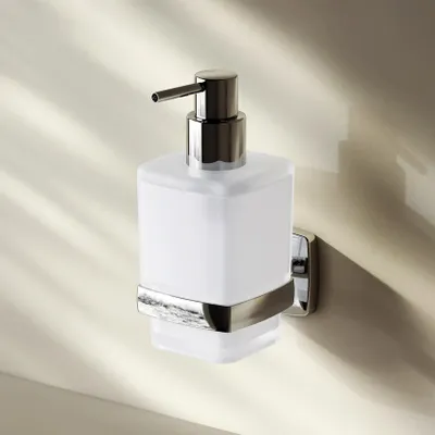 Produktbild von Seifenspender Wandmontage Flüssigseifenspender nachfüllbar Dispenser für Seife oder Duschgel ohne Bohren klebend Edelstahl, Glas matt
