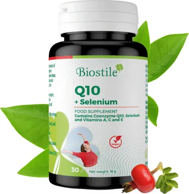 Image de Biostile Q10 + Sélénium – 30 capsules contenant de la coenzyme Q10, du sélénium et des vitamines A, C et E.