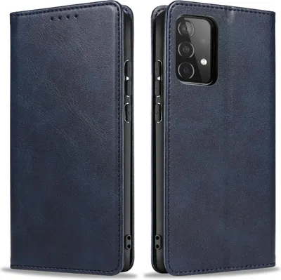 A blue leather flip phone case for a Samsung Galaxy A53 5G is shown from two angles.
