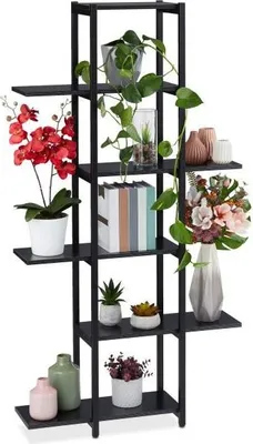 Produktbild von Schwarzes Metall Blumenregal mit 6 Ebenen und Regalböden in Holzoptik