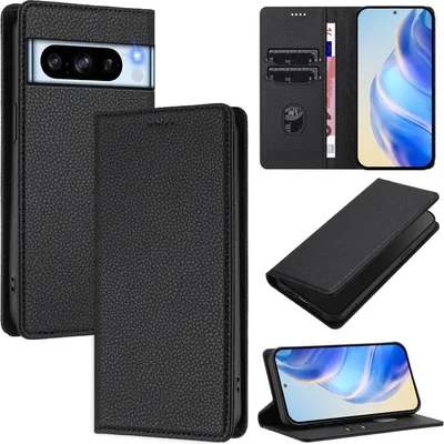 Produktbild von Litchi Leder Handyhülle für Google Pixel 8 Pro Wallet Kartenfächer Standfunktion Hülle Schwarz