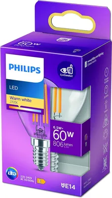 Productafbeelding van Philips Čirá gloeilamp, type kaars, met een traditionele uitstraling, 60 Watt, P45 E14, 6,5 Watt, 60 Watt, E14, 806 lumen, 15.000 uur, warm wit