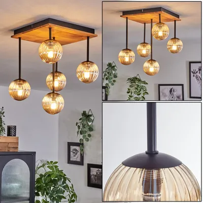 Produktbild von Isorella Deckenlampe aus Metall/Holz/Riffelglas in Schwarz/Bernsteinfarben