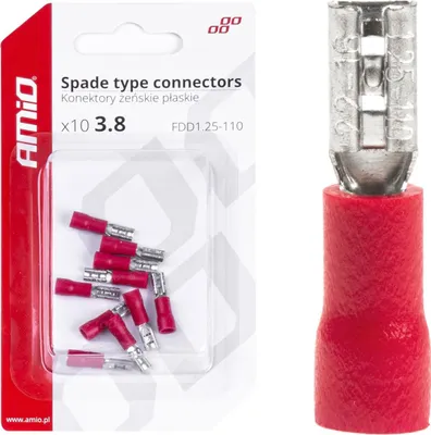 Obrázok produktu pre Izolované ploché konektory 3,8 mm 0,5–1,5 mm² 10 A 10 kusov AMIO-03060 Ženské