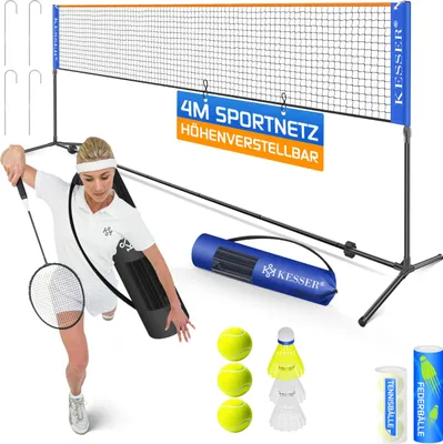 Produktbild von KESSER® Badmintonnetz Tennisnetz | Federballnetz 3-Fach-Höhenverstellbar 107/120/155cm, stabiles Gestell, Set mit Netz, 3X Federball & 3X Tennisball, Montagezubehör, Transporttasche, Indoor & Outdoor