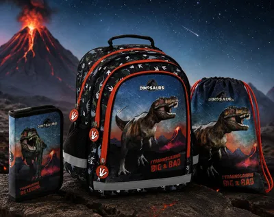 Obrázek produktu pro Sada školních tašek "3v1" s motivem dinosaura: školní batoh, pouzdro a sportovní taška pro děti, s motivem T-Rexa