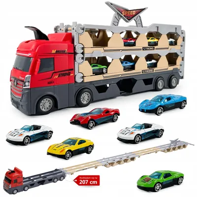 Zdjęcie produktu dla Ciężarówka z lawetą i katapultą, resoraki 6 szt. 1:64 – TIR z rozkładanym torem 207 cm, napęd frykcyjny, metalowe autka dla dzieci
