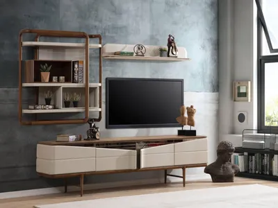 Produktbild von Beige Wohnzimmer Garnitur RTV-Lowboard 2x Regale Holz Designer Möbel