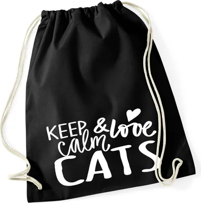 Produktbild von Huuraa Turnbeutel Keep calm and love Cats 12 Liter Black Baumwolle Rucksack Geschenkidee