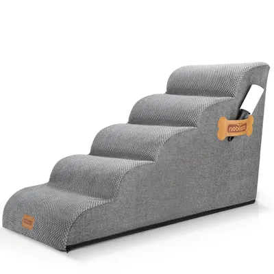 A grey pet stair with five steps against a white background.