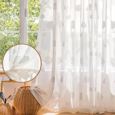 Produktbild von 2 Stück Voile Spitze Vorhang,Weiß Gardinen,132x241cm,Jacquard mit 3D-Wolken,Halbtransparent,Multifunktionsband für Wohnzimmer, Schlafzimmer,Party,Hochzeit