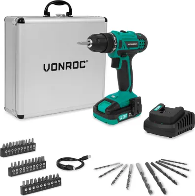 Produktbild von Vonroc Akku-Bohrschrauber 20V | Inkl. 2,0Ah Akku, Ladegerät und 46 Zubehörteilen im Premium-Koffer