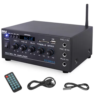 Image de Amplificateur Pyle, amplificateur Bluetooth, 70 V/25 V, avec 2 entrées microphone, entrée AUX