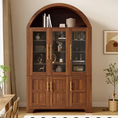 Produktbild von Flieks Hochschrank mit Bogen-Nische oben, 3 Glas-Vitrinefächer, 3 geschlossene Fächer, Küchenbuffet mit verstellbare Böden, Sideboard, Walnussfarbe