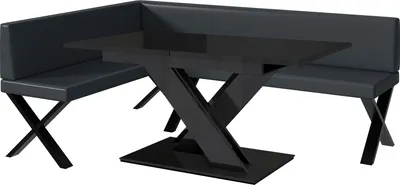 Produktbild von MEBLINI Eckbank für Esszimmer mit ausziehbarem Tisch - Küchenbank - Essecke - Sitzecke Küche - TONI - X-Beine 142x196x87cm Links - Dunkelgrau Kunstleder/B Schwarz Hochgl.