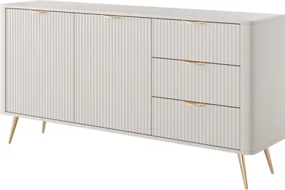 Produktbild von BETTSO Zweitürige breite Kommode mit 3 Schubladen Geriffelt Fronten Goldbeine Goldgriffe LANTE 163 cm Beige