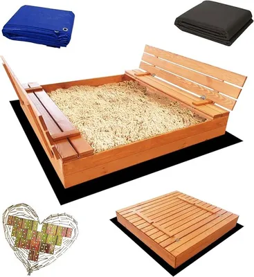 Produktbild von Sandkasten Imprägniert 140x140 cm aus Holz Sandbox mit Abdeckung Sitzbänken Deckel Plane Sandkiste (140x140 cm)