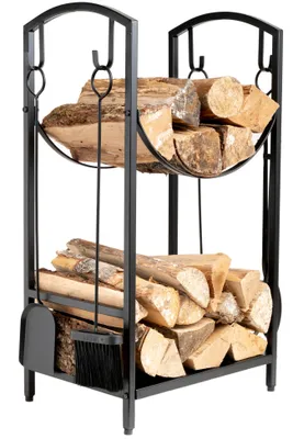 Produktbild von Neustein Kaminholzregal mit 4 Kaminbesteck 75x30x40cm Kaminholzständer Feuerholzregal Brennholzregal metall schwarz stehend Holzregal Stapelregal