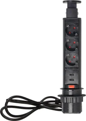 Imagen del producto de Enchufe empotrado de 6 cm, 3 enchufes de 250V con cargador USB, con cerradura, cable de 1,8 m, modelo OR-AE-1349(GS)/B, tipo Schuko