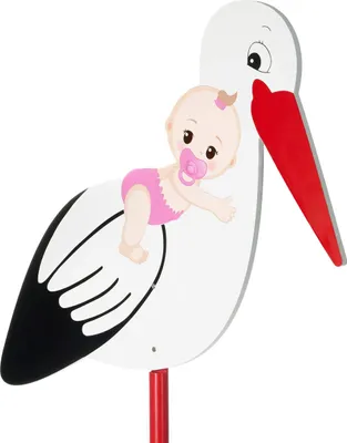 Immagine prodotto di BRUBAKER Cicogna grande in legno con rosa baby - Cicogna tintinnante per interni ed esterni - Cicogna nascita per bambine - Regalo nascita alto 100 cm, stampato su entrambi i lati