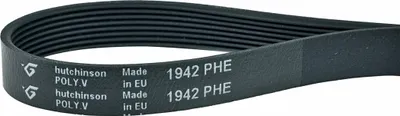 A black V-ribbed belt with white text and logos printed on it.