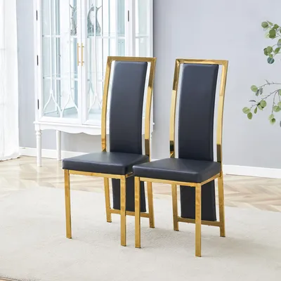 Obrázek produktu pro STILVORA Sada 2 jídelních židlí s ergonomickým opěradlem a 6 cm silným čalouněním, kovová židle s galvanicky pozlaceným rámem a protiskluzovými podložkami, relaxační křeslo se zlatým lemováním pro všestranné použití, černá