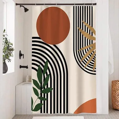 Produktbild von Terracotta-Abstraktionsduschvorhang mit geometrischen schwarzen Linien, schimmel- und wasserabweisend, waschbar, Polyester, 120x180 cm, mit Haken