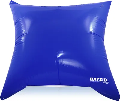 A blue inflatable pool air cushion is shown against a white background.