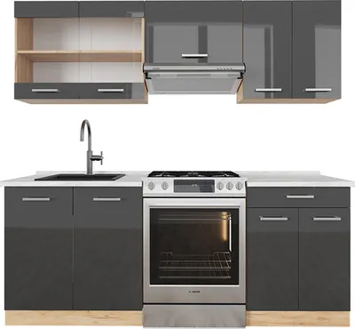 Produktbild von Küchenzeile Vicco R-Line Anthrazit Hochglanz/Goldkraft Eiche 200 cm , AP Marmor, Model 42987