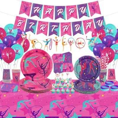 Turnen Party Deko Set – Banner, Geschirr, Tischdecke & Ballons