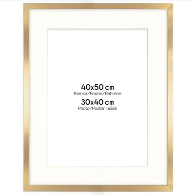 Obrázek produktu pro Rám FRAMAI® 40x50 cm ve zlaté barvě - s paspartou - dřevěný rám z MDF, nerozbitné plexisklo, šetrný k životnímu prostředí, se závěsem - formát na výšku a na šířku