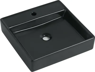 Produktbild von sanicomfort Aufsatzwaschtisch HERU 44 x 44 cm – eckiges Waschbecken ohne Überlauf – Keramik Waschschale in schwarz matt, modernes Design für Bad & Gäste-WC