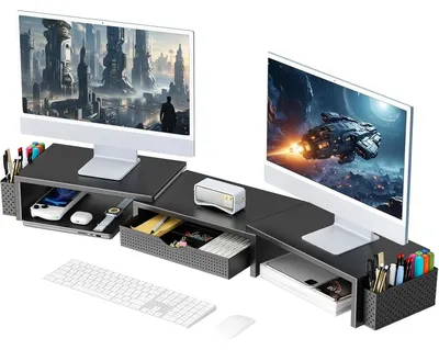 Image de Support d'écran rehausseur de bureau - Avec tiroir et 2 porte-stylos - Noir