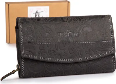 Produktbild von BlueBurry Damenbrieftasche mit Blumenprägung Vintage-Stil Echtleder Schwarz